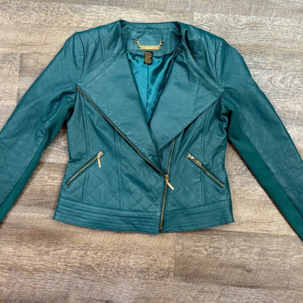 Womens Iman Genuine Leather Jacket, Teal, Sz S Gold Hardware, Beautiful